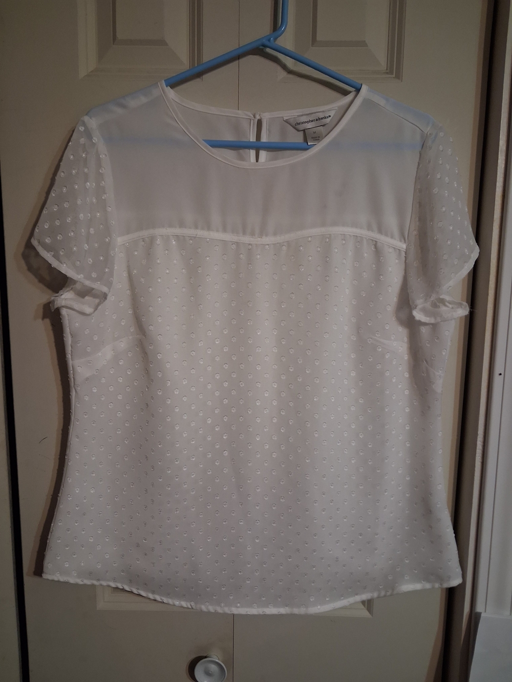 Christopher & Banks White Swiss Dot Short Sleeve Blouse